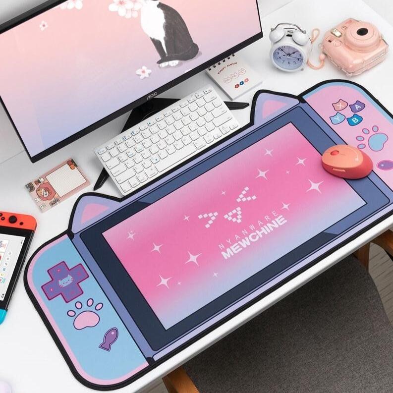 Tapis de souris kawaii chat rose – Grand tapis de bureau mignon et décoratif