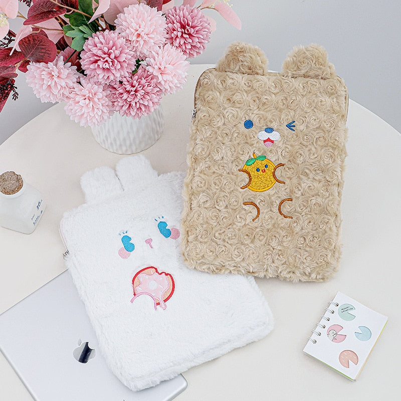 Housse iPad Kawaii – Étui en peluche Lapin et Ours doux et mignon